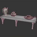 Antique Metal Shelf With Ornate Carved Legs And Three Decorative Teapots