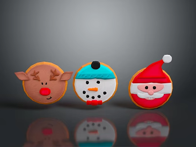 Festive Christmas Themed Cookies With Reindeer Snowman Santa Claus Designs On Reflective Surface 3d model