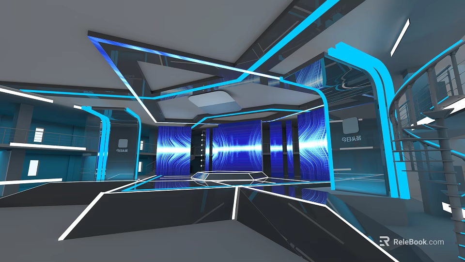 Futuristic Modern Ballroom With Blue Lighting Reflective Floor And Curved Structures 3d model 