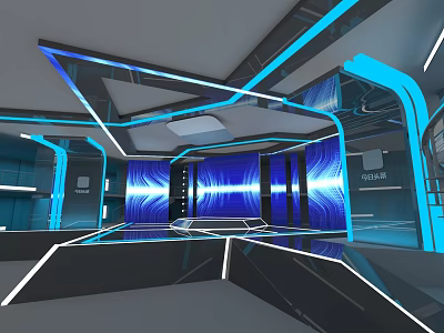 Futuristic Modern Ballroom With Blue Lighting Reflective Floor And Curved Structures 3d model