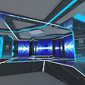 Futuristic Modern Ballroom With Blue Lighting Reflective Floor And Curved Structures