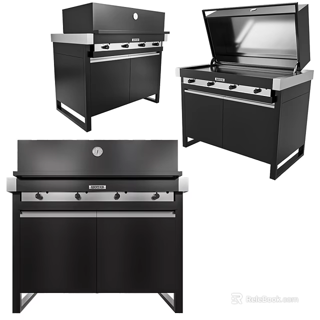Modern Black Kitchen Grill Appliances With Cabinet Storage And Control Knobs 3d model