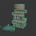 Stacked Wooden Crates With Open Containers And Round Mat