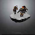 Three Characters in Decorative Gear with Flame Feather Decorations Standing on Snowy Rock Platform