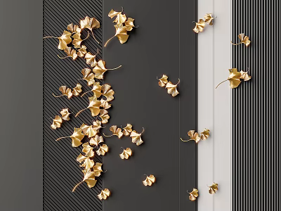 Golden Ginkgo Leaf Wall Decor On Dark Striped Background 3d model