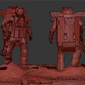 Men in Detailed White Spacesuits Standing on Cracked Rocky Moon Surface with Gear