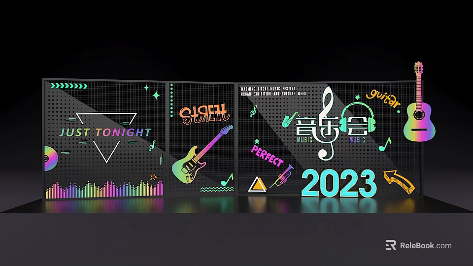 Neon Colored 2023 Cloud Games Music Event With Guitar Notes Sound Spectrum Tonight 3d model 