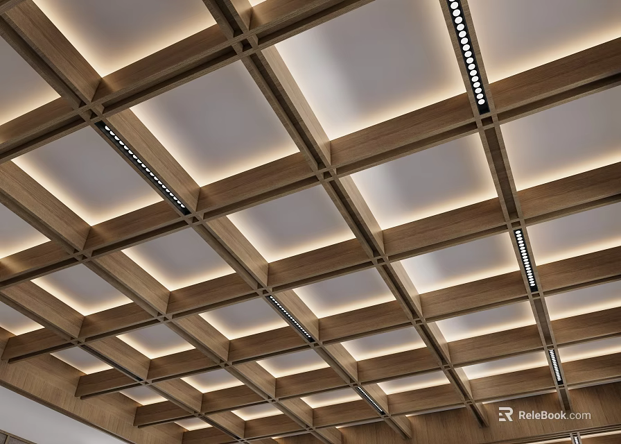 Wooden Grid Ceiling With Built In Lighting For Modern Interiors 3d model 