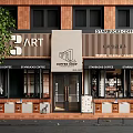 Starbucks Coffee Shop Storefront Facade with Red Brick Wall Black Windows and Awnings