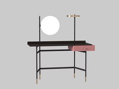 Modern Dressing Table With Round Mirror Black Frame Pink Drawer And Metal Legs 3d model
