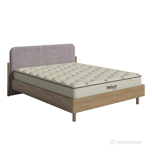 Natura Double Bed With Gray Headboard And Wooden Frame Cream Quilted Mattress 3d model 