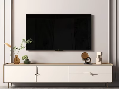 Modern White TV Stand With Cabinet Drawers Decorative Vase Plant Globe And Blocks 3d model