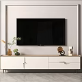 Modern White TV Stand With Cabinet Drawers Decorative Vase Plant Globe And Blocks