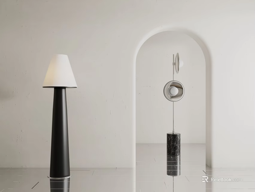 Black Minimalist Floor Lamp In White Wall Arch Interior Space 3d model