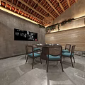 Traditional Hot Pot Restaurant Interior With Wooden Ceiling Lanterns Bamboo Screens And Green Plants