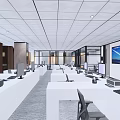Modern Public Office Space Design With White Desks And Wooden Partitions