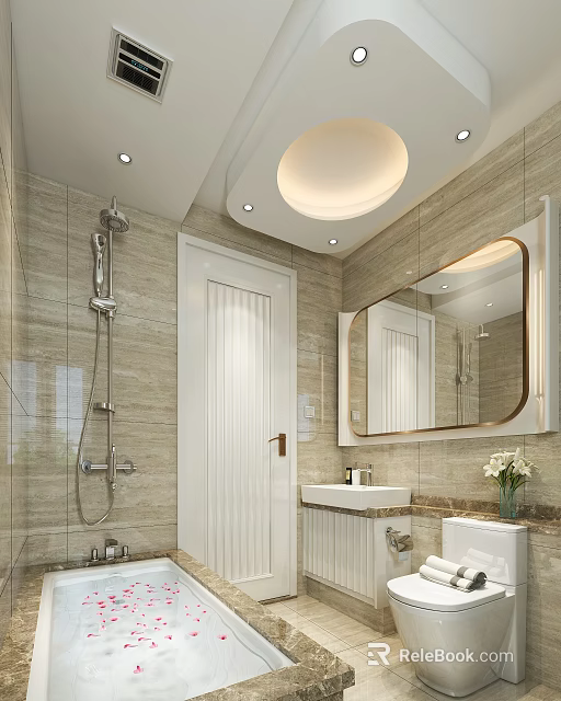 Modern Bathroom Interior With Tiled Walls Shower Fixture Vanity Mirror Toilet And Recessed Lighting 3d model 