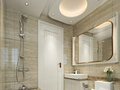 Modern Bathroom Interior With Tiled Walls Shower Fixture Vanity Mirror Toilet And Recessed Lighting 3d model