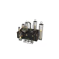 Stylish Decorative Ornament Set with Metal Lanterns Candles and Small Plants on Vintage Trunk