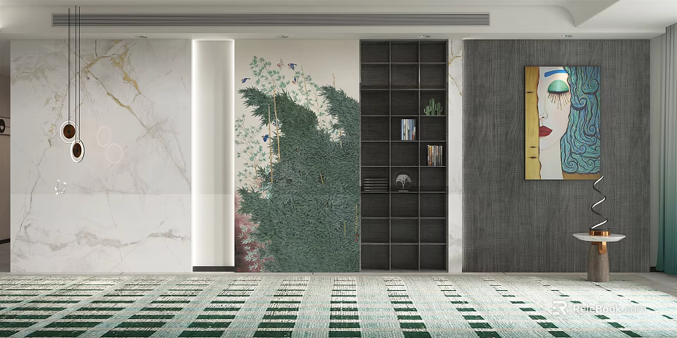 Sofa Background Wall With Green Decorative Mural And Black Open Shelves 3d model 