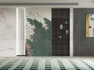 Sofa Background Wall With Green Decorative Mural And Black Open Shelves 3d model
