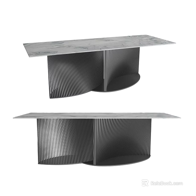Modern Dining Table Design With Marble Top And Black Curved Striped Legs 3d model 