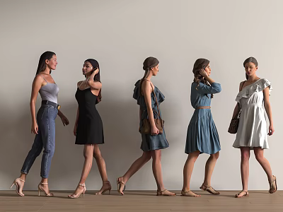 Five Women in Different Poses Wearing Various Style Outfits Against Light Walls and Wooden Floors 3d model
