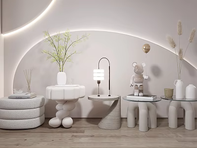 Modern Bedside Tables With Green Plant Table Lamp Stuffed Toy And Vase In Arched Wall 3d model