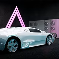 Silver Sports Car In Modern Futuristic Display With Triangular Neon Light And Circular Decorative Lights