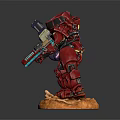 Red Armored Mechanical Warrior Holding Futuristic Weapons on Detailed Brown Base
