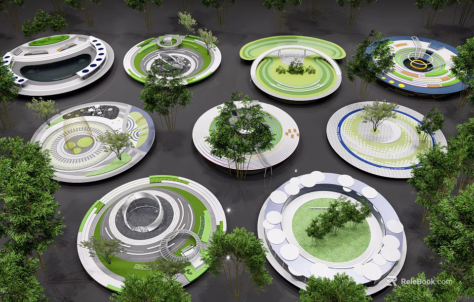 Modern Park Landscape With Multiple Circular Design Areas Lush Greenery And Trees 3d model
