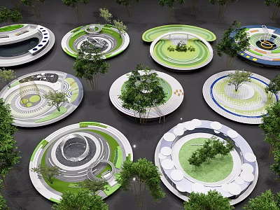 Modern Park Landscape With Multiple Circular Design Areas Lush Greenery And Trees 3d model