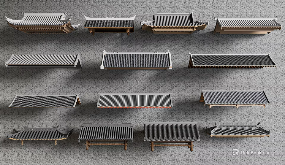 Various Styles of Traditional Chinese Roof Tiles Models Arranged on Grey Background 3d model 