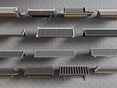 Various Styles of Traditional Chinese Roof Tiles Models Arranged on Grey Background 3d model