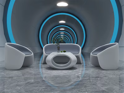 Modern Futuristic Sofa Coffee Table Set With Curved White Design And Blue Lighting 3d model