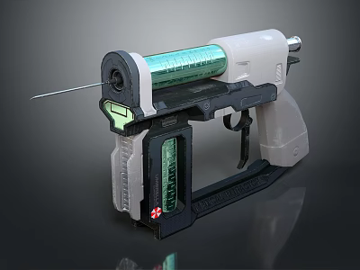 Handheld Medical Device with Green Digital Display and Needle Featuring Red Cross 3d model