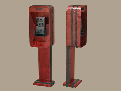 Red Vintage Public Phone Booths With Green Stripes And Sturdy Base Structure Design 3d model