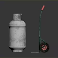 Silver Gas Cylinder And Green Hand Truck With Red Handles And Wheels