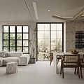 Modern Open Concept Dining Living Area With Pendant Light Large Windows And Wooden Accents