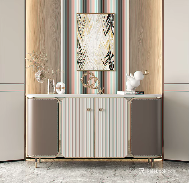 Modern Luxury Entryway Console Cabinet With Marble Top Gold Trim And Decorative Mirror 3d model 