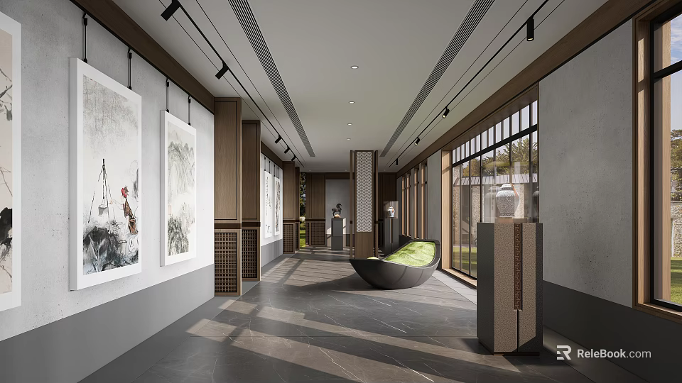 Elegant Hotel Corridor Interior With Art Paintings Track Lighting And Green Rest Seating 3d model 