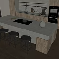 Modern Kitchen Bar Counter With Concrete Countertop Three Black Stools And Wooden Cabinets