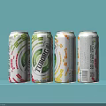 Tuborg Refreshing Beverage Cans With Colorful Striped Design On Light Blue Background
