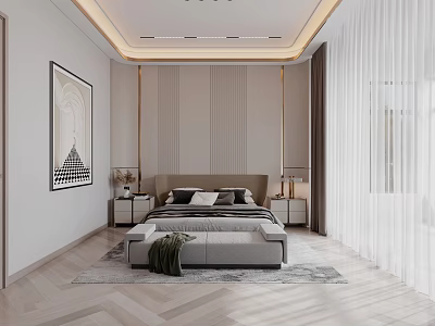 Modern Bedroom Interior With Large Bed Nightstands Table Lamps Decorative Art Curtains And Wooden Floor 3d model