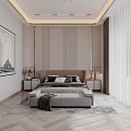 Modern Bedroom Interior With Large Bed Nightstands Table Lamps Decorative Art Curtains And Wooden Floor
