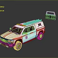 White Pickup Truck With Orange Yellow Stripes Roof Rack And Storage Compartment
