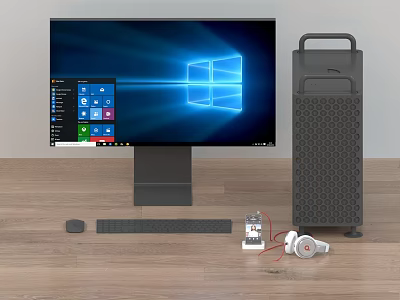 Desktop Computer Setup With Monitor Displaying Windows Interface Keyboard Mouse Headphones And External Components 3d model