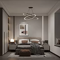 Modern Bedroom Interior With Circular Chandelier Bedside Tables Pillows And Artwork