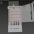 Industrial Electrical Equipment Cabinet With Open Door Internal Yellow Components And Warning Sign