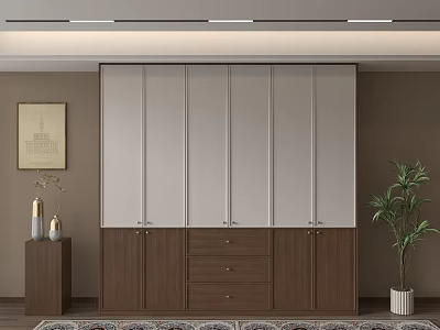 Modern Wardrobe With Light Gray Panels Walnut Wood Base Drawers And Potted Plant 3d model